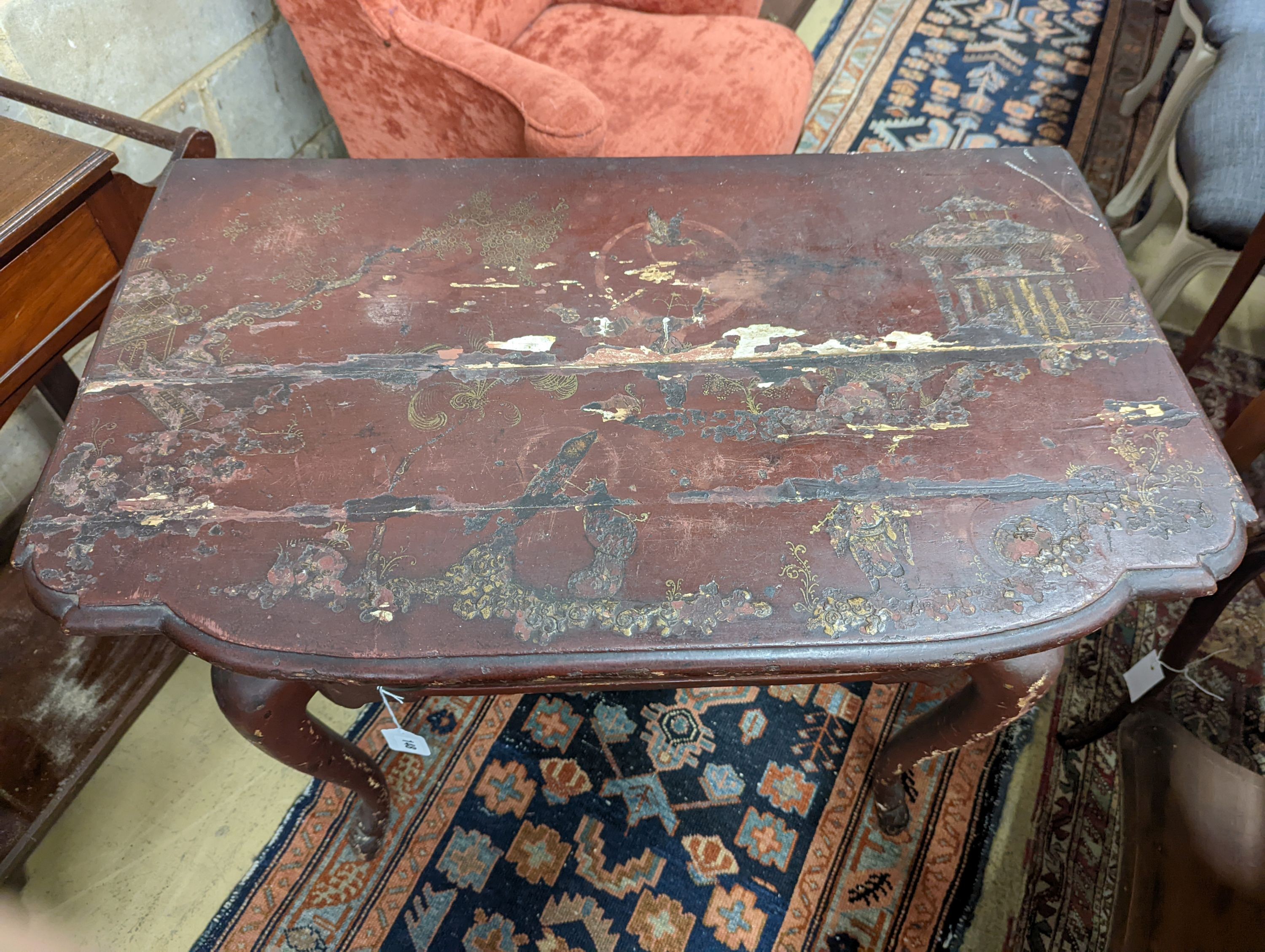 A 19th century red chinoiserie lacquered hall table, width 79cm, depth 48cm, height 75cm